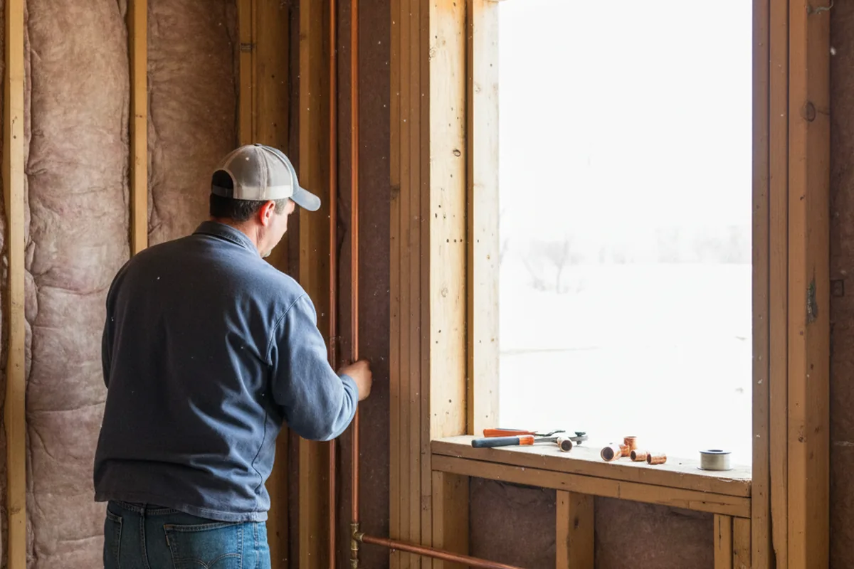 Licensed plumber running new copper supply lines in a New Carlisle home