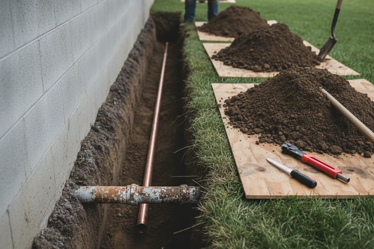 Excavated water line trench during Water Softener Installation in New Carlisle